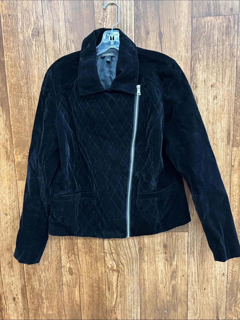 Roz & Ali Black Quilted Velvet Asymmetrical Zip Jacket